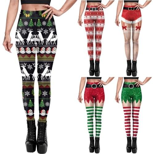 VIP FASHION Striped Belt Print Sexy High Waist Fitness Sports Womens Elastic Trousers Female Xmas Pants