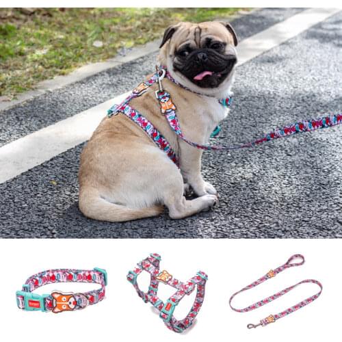 Dog collar fashion designer printed nylon dog harness separation quick release pet harness vest walking belt adjustable