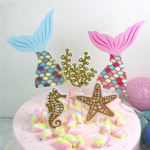 Ocean Theme Cake Toppers Set Mermaid Tail Glitter Cupcake Topper for Baby Shower Boys Girls Birthday Party Supplies 5Pcs/Set