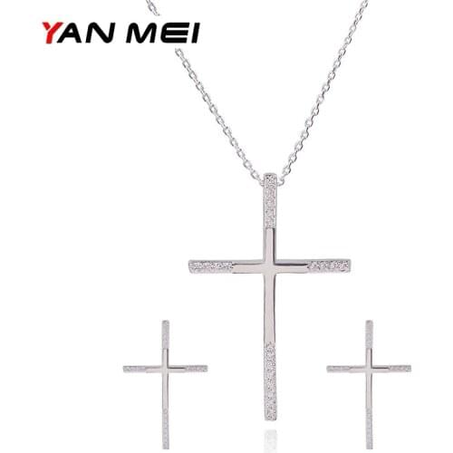 YAN MEI Fashion Cubic Zirconia Crystal Cross Stud Earrings And Pendant Necklace Jewelry Sets Wedding Jewelry GLD0387