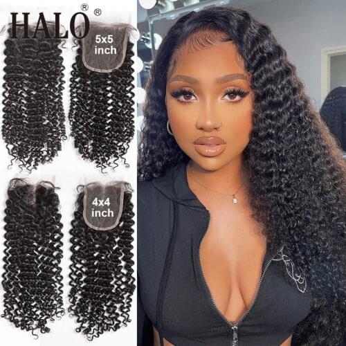 Halo 5x5 hd 4x4 Curly Lace Closure Brazilian Deep Wave Lace Closure 8-22 Inches Water Wave 100% Human Hair Extensions Remy Hair