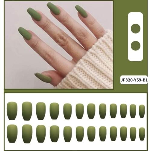 Fake Nails Long Frosted Green Wearable Nail Stickers Finished Nails 24 Art Nail Stickers With Glue SK88
