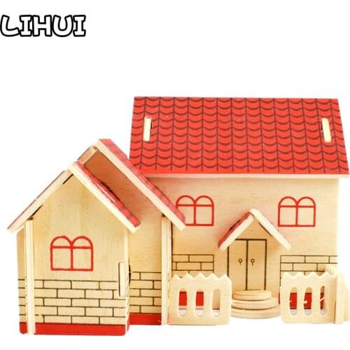 Red Cabin 3D Wooden Puzzle Jigsaw Toys for Children DIY House Building Model Kits Wood Toy Assembled Puzzles for Kids Gift Decor