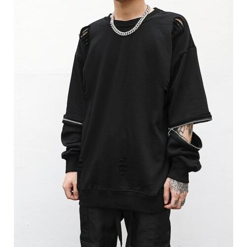 European and American high street style destruction zipper cotton terry hip-hop rap plain all-match trend pullover shirt