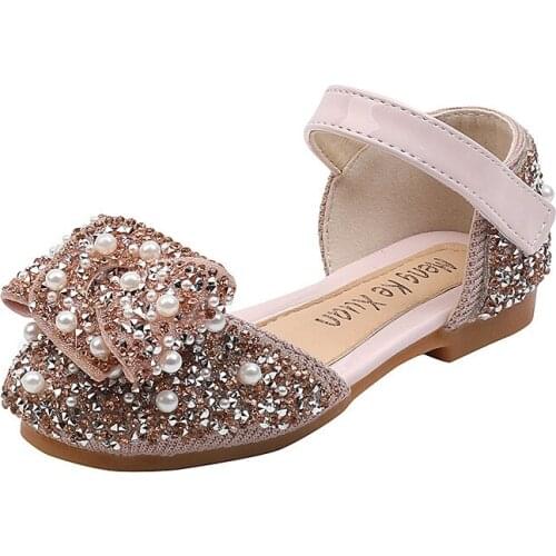 New Children Sandals Rhinestone Bow Princess Girls Party Dance Leather Shoes Baby Student Flats Kids Performance Shoes