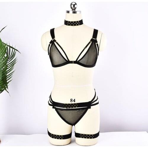 Sexy Black Lace Body Cage Bralette + Lace Bottom Panties Briefs 90s Lady Fetish Lace Bodysuit Harajuku Pole Dance Sexy Lingerie