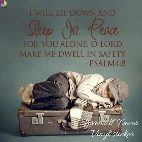 Sleep In Peace Religion Bible Verse Quote Wall Sticker Living Room Psalm 4:8 Wall Decal Bedroom Vinyl Home Decoration