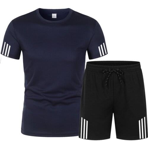 Mens Outfit Sportswear Tracksuit Men Elastic Waist Stripe 2 Pc Set Shorts O-neck T Shirt Joggering Sports Sportsuit Outfit Sets