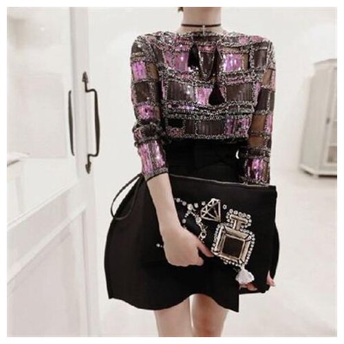 Runway Women Plaid Sequined Blouse Purple Shiny Long Sleeve Spring Summer Blouses Shirt Woman Beading Party Tops NS240