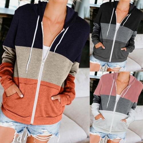Sweatshirt Women Autumn Winter Long Sleeve Color Block Hoodie Pockets Zip Coat Outerwear 2021 Fashion Clothes Thick Zip-up Coat