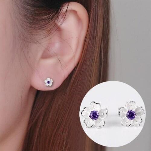Oly2u Charm Floral Earings Purple Crystal Cherry Blossom Flower Stud Earrings for Women Oorbellen Kolczyki