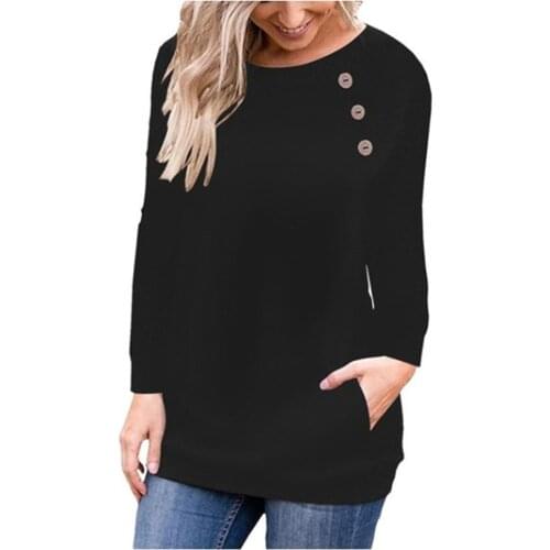 Womens Tops And Blouses Ladies Casual Solid Round Neck Loose Pullover Long Sleeve Button Blouse Top Blusas Mujer De Moda 2021