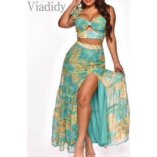 Women One Shoulder Ruffles Design Bandeau Top and High Waist Side Slit Maxi Skirts 2ps Set