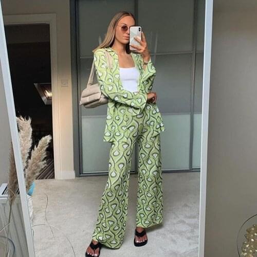 Woman Elegant Green Loose Shirt Suits 2021 Spring Vinatge Female High Waisted Straight Pants Suit Ladies Oversized 2 Pcs Set