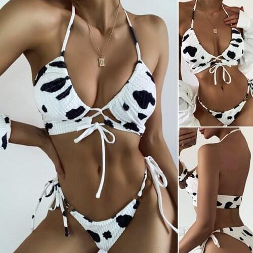 Womens Bikini Cow Print Halter Strap Split Swimsuit Sexy Halter Bikini Cow Color
