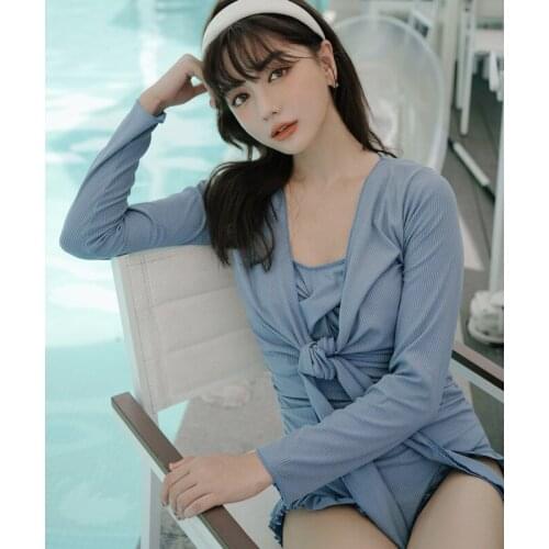 Korean Swimsuit Women One Piece Vogue Bikini High Waist Swim Wear For 2021 Ladies Bathing Suit Push Up Cover Solid Take Blue