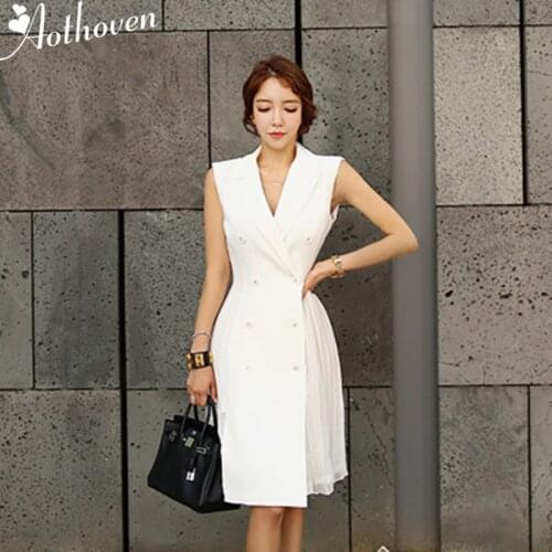Autumn Women OL Office Work Blazer Dress Sleeveless Double Button White Black Dress Women Wrap Bodycon Ladies Dresses Vestidos
