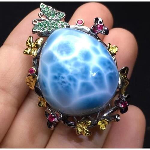 High Quality 925 Sterling Silver Natural Dominica Larimar butterfly Pendant Necklace For Women Gift