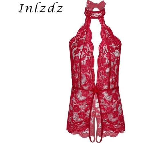 Womens See-through Lace Halter Neck Lingerie Suit Flower Pattern Deep V Neck Crotchless Bodysuit Underwear for Lingerie Night