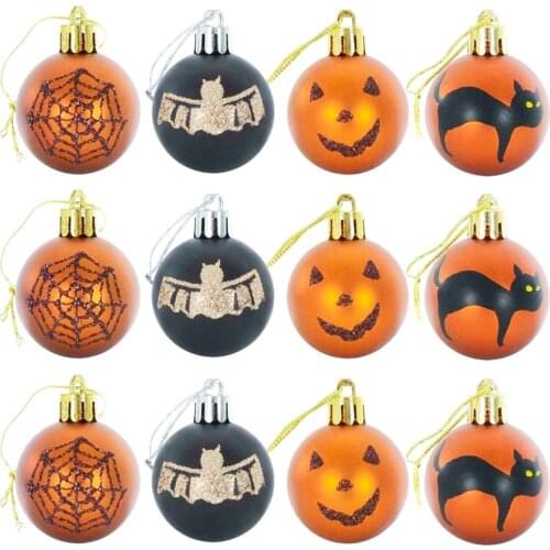 12Pcs Mixed Color Cobweb Bat Cats Print Matte Round Hanging Balls Halloween Party Hanging Ornament Festive Supplies