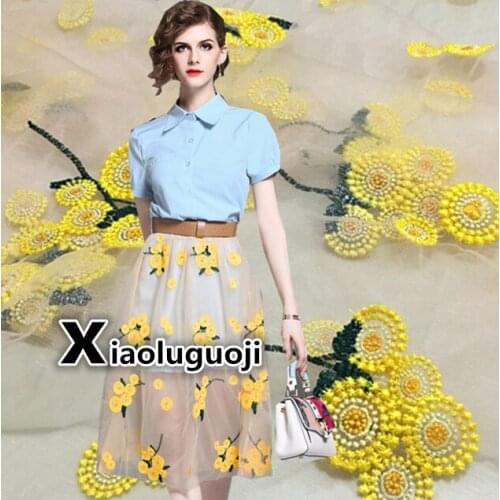 145*100cm yellow flower lady skirt children Dress Applique DIY Headdress veil Embroidered Lace Fabric Patch curtain table cover