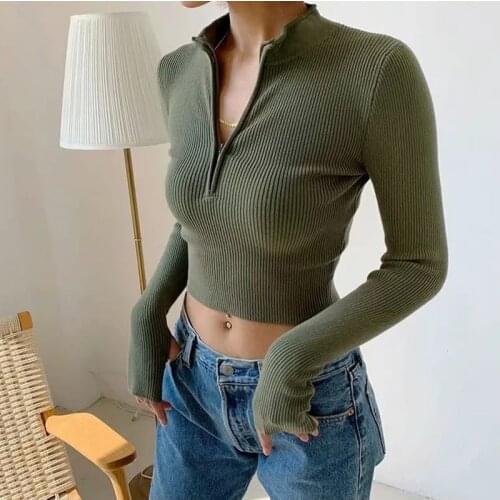 2021 Aproms Elegant High Neck Zipper Front Knitted Sweater Women Solid Basic Cropped Pullover Winter Spring Fashion Clothing Top