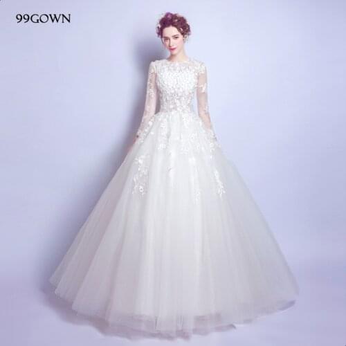 99GOWN Long Sleeve Satin Wedding Dress For Women 2019 Simple Wedding Ball Gown Lace-Up Applique Beading Bridal Dresses