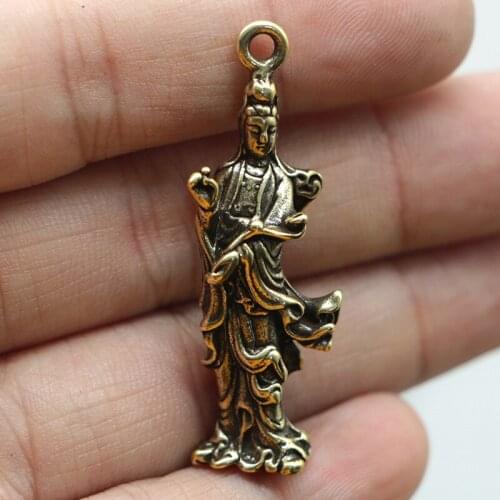 Antique Solid Brass Guanyin Buddha 3D Figurines Retro Copper Animal Tea Pet Desktop Ornament Decor Crafts Keychain Pendants