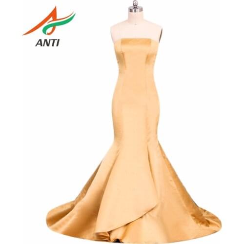 ANTI Elegant Gold Mermaid Evening Dress Vestido De Festa Sleeveless Strapless vestidos Long Cheap Evening Gowns Party Dress 2019