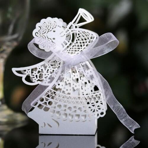 50pcs Angel Girl Laser Cut Hollow Carriage Favor Gifts Candy Dragee Boxes Baby Shower Wedding Chocolate Wrapping Paper Bags