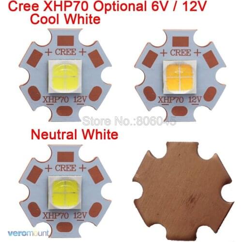 Cree XHP70 6V or 12V 6500K Cool White, 5000K Neutral White, 3000K Warm White High Power LED Emitter on 16mm 20mm Copper PCB Base