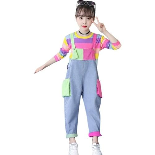 Kids Clothes Girls Rainbow Striped Girls Clothing Sweatshirt + Jumpsuit Girl Set Spring Autumn Childrens Tracksuit