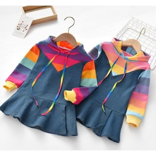Denim Dress for Girls 2020 Spring Autumn New Style Rainbow Long Sleeve Sweater Skirt Condom Clothes Cute Hoddie Costume 2T-6T