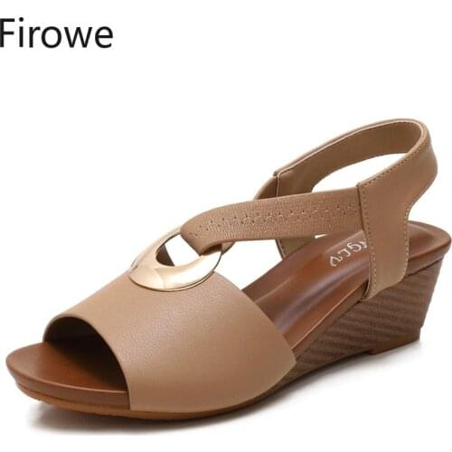 Firowe Women Pu Leather Elastic Band Peep Toe Sandal Wedges Sandalias De Mujer Wedges Shoes for Women Casual Sandals 5CM