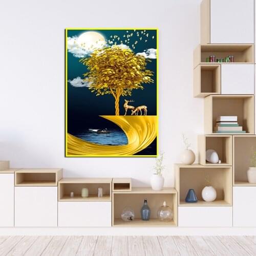HD Printing Moonlight Fortune Tree Modern Abstract Canvas Living Room Home Decoration Wall Art (Frameless)