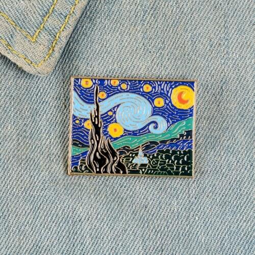Painting starry sky moon night cartoon version enamel brooch pin clothing jewelry