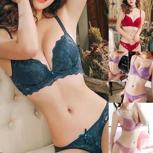 Women sexy lace perspective split underwear casual bow decoration gathered bra set