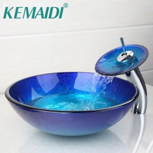 KEMAIDI AU Bathroom Round Bule Tempered Glass Oval Wash Basin W/ORB brushed Faucet Sink Combo Set + Pop Up Sink Drain