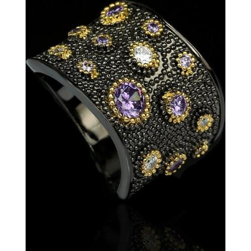 Exaggerated Jewelry Retro Fashion Purple Zircon Finger Ring Jewelry Multicolored Diamond Black Gold Two-Tone Ring