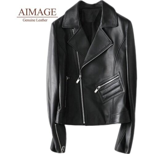 Spring autumn women sheepskin leather jackets turn collar real genuine coats zipper long sleeve moto chaquetas para muje