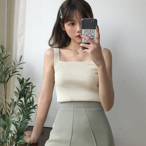 Summer Womens Sexy Square Collar Solid Color Sleeveless Pullover Knitted Crop Sexy Tank Tops Women