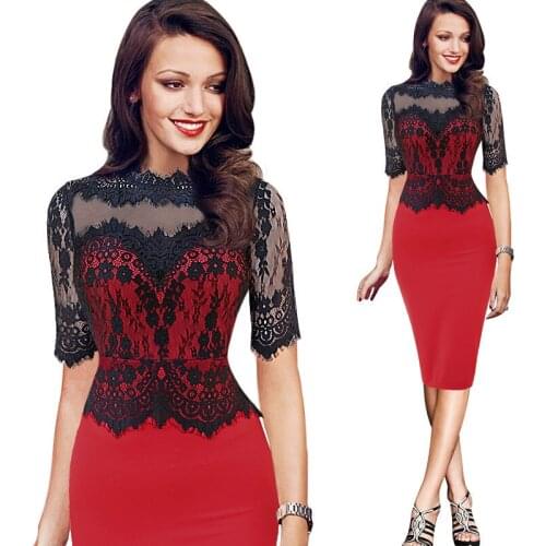 TMWEVN Fashion Lace Dress Sexy Pencil Dress Middle Sleeve Plus Size Dress for Office Lady Women Dresses