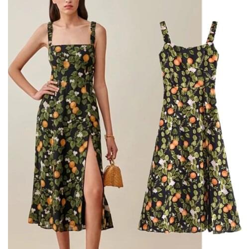 Dave&Di Ins Fashion Blogger Vintage Indie Folk Lemon Printing Romatic Vestidos De Fiesta De Noche Summer Beach Long Dress Women