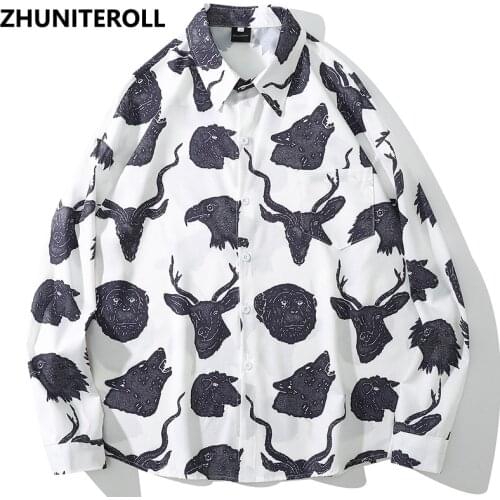 2021 Animal Print Harajuku Men Hawaiian Shirt Hip Hop Button Beach Shirt Summer Long Sleeve Aloha Shirt Streetwear Fashion Tops