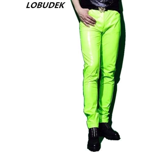 Spring Autumn Mens PU Leather Pants Fluorescent Green Motorcycle Leather Trousers Tide Male Singer Rock Hip Hop Stage Clothes
