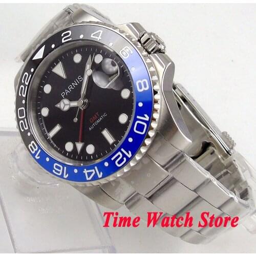 40mm parnis waterproof GMT black dial blue luminous steel ceramic bezel sapphire automatic mechanical wrist watch men 1031