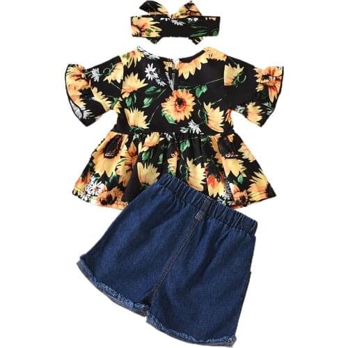 New Three Piece Girl’s Clothes Fresh Sunflower Short Sleeve Tops and Ripped Denim Short Pants and Headband