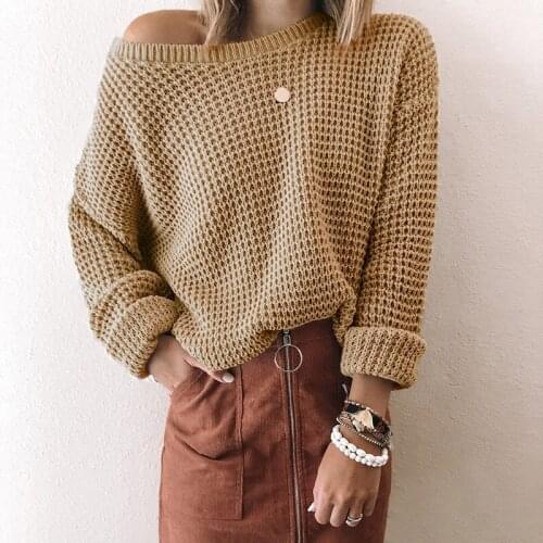 2021 New European Style Women Sweater Solid Loose Oblique Collar Long Sleeve Pullover Tops Coarse Yarn Knitwear Jersey Mujer
