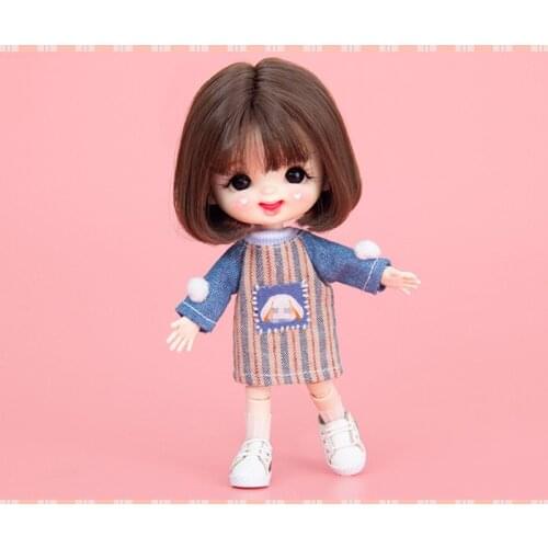 OB11 doll dress Fashion animal denim striped patchwork dress + versatile white socks two-piece denim blue set