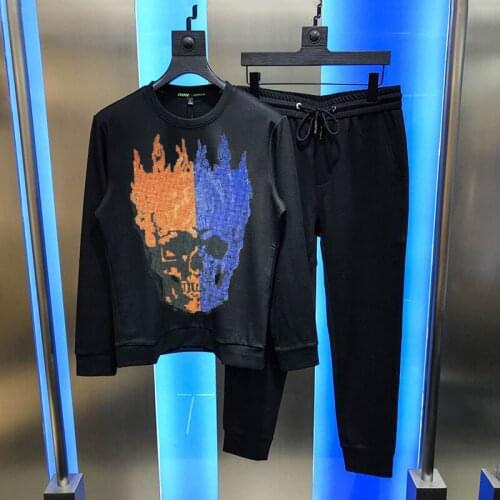 Pure Color Warm 100% Fashion Rhinestone Pattern Plus Velvet Jogging Hoodie O-Neck Winter Mens Brand Tracksuit Luxury Sets